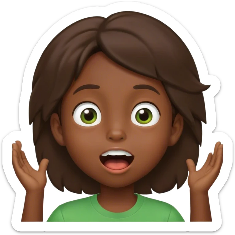 dark skin kid with big eyes, brown hair, green t-shirt, mouth open, smiling, looking up sticker