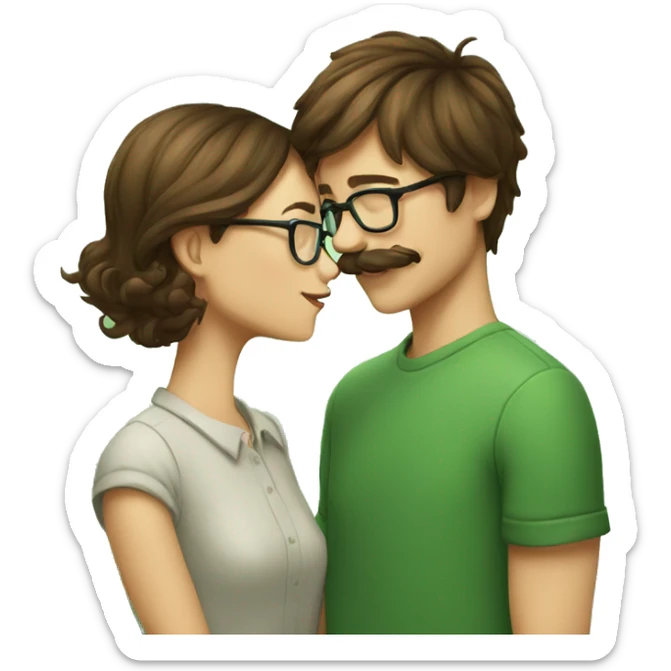 A boy with brown hair and a mustache is kissing a girl wearing glasses and her hair is green sticker