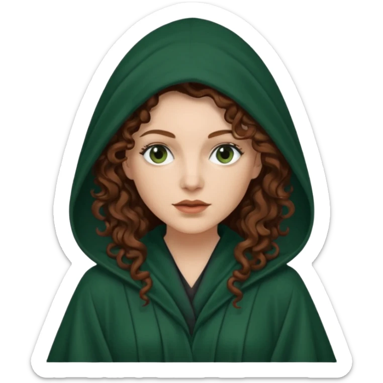 A white woman with long dark auburn hair robed and hooded like she's a Traitor in the tv show The Traitors. her hair is curly and the robe is a dark dark green sticker
