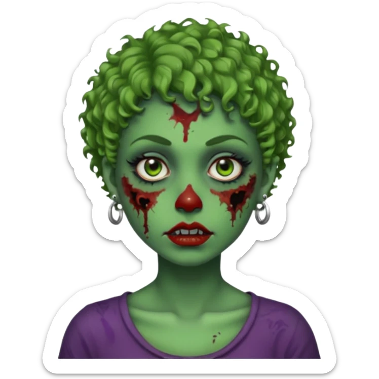 faça uma cabeça verde de zumbi femenina, com im cabelo curtinho cacheado, piercing no nariz, e brincos na orelha sticker