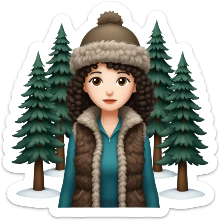 "A girl with curly dark hair 👩🏻‍🦱, wearing a fur hat 👒🦊 and a fur vest 🧥, standing in the snow ❄️ with pine trees 🌲 in the background. Minimalistic emoji style." sticker