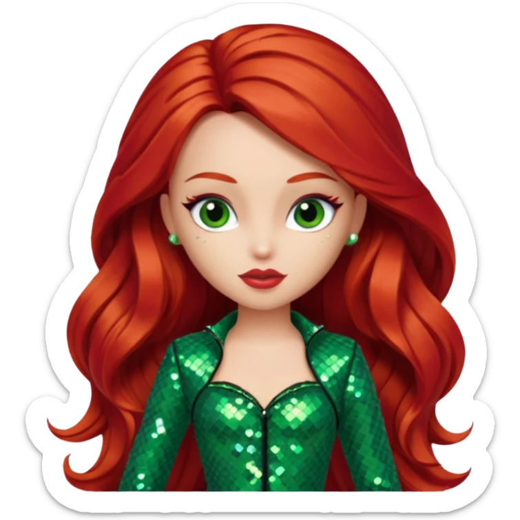 Meygan from Bratz with long red hair and green sequin outfit sticker