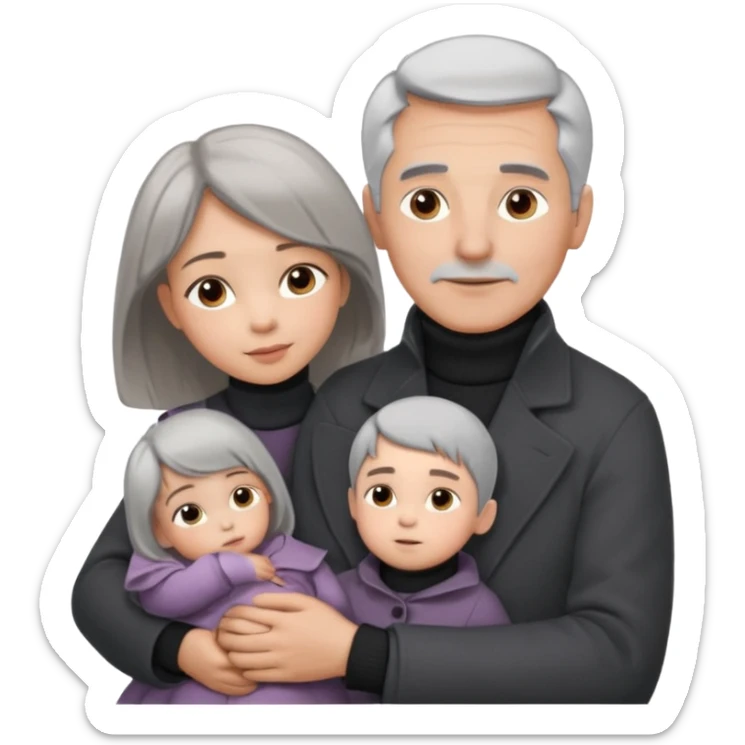 A father with silver-grey hair styled neatly and a clean-shaven face, wearing a dark turtleneck and wool coat, holding his girl child gently. The child has light brown hair and a soft white dress. Warm cinematic lighting, emotional close-up. sticker