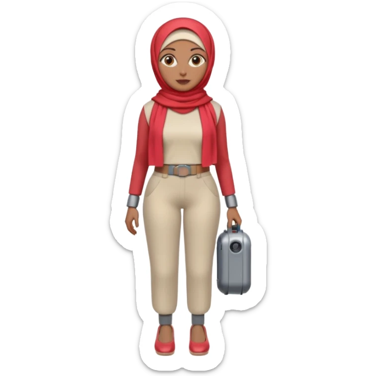 Heavy-set woman with medium-brown skin wearing a light red hijab, cream top, light red pants, tan shoes, and a grey robot leg. Standing confidently with one hand on her hip sticker