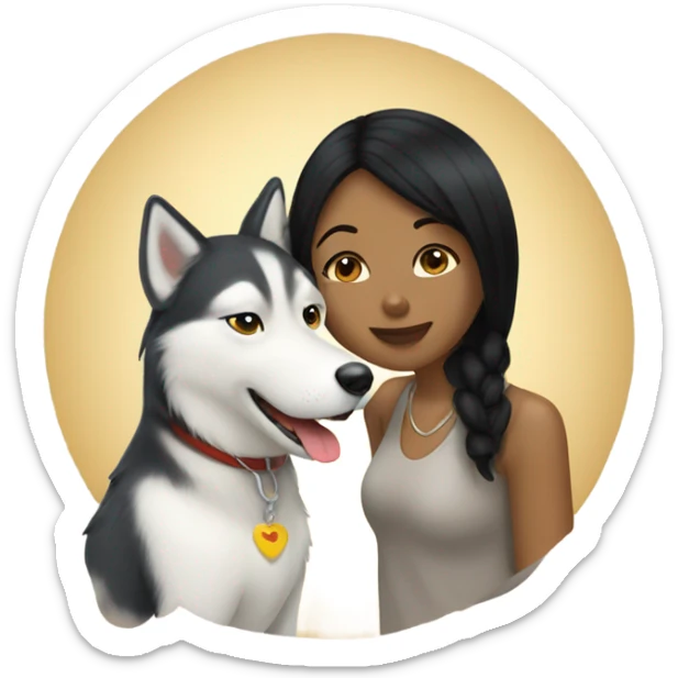 A golden beige Husky next to him a girl with black hair who kisses him on the cheek sticker