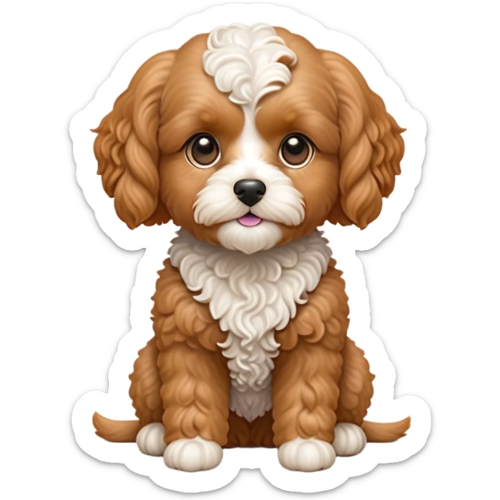Cinematic Noble Apricot Cavoodle Portrait Emoji, Poised and regal, with a compact, cuddly build and a soft, curly apricot coat accented by gentle white markings, deep-set soulful brown eyes, Simplified yet sharp and sophisticated features, highly detailed, glowing with a soft, dignified glow, high shine, intelligent and affectionate, stylized with an air of elegance, focused and attentive, soft glowing outline, capturing the essence of a watchful and confident companion, so majestic it feels as though it could step out of the screen with effortless authority! sticker