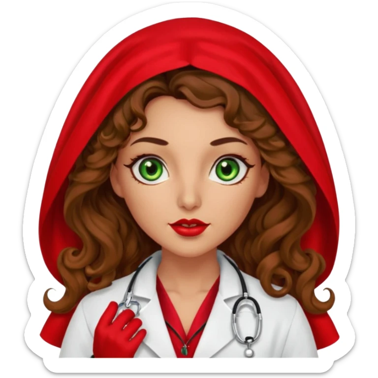 Spanish sexy evil woman. She has green eyes.  had brown long curly hair.  evil surgeon kills with needle wears red sexy doctor coat with red Juliet veil on her mouth and nose ONLY to hide and wearing red gloves. Hair is free and flowing long  sticker