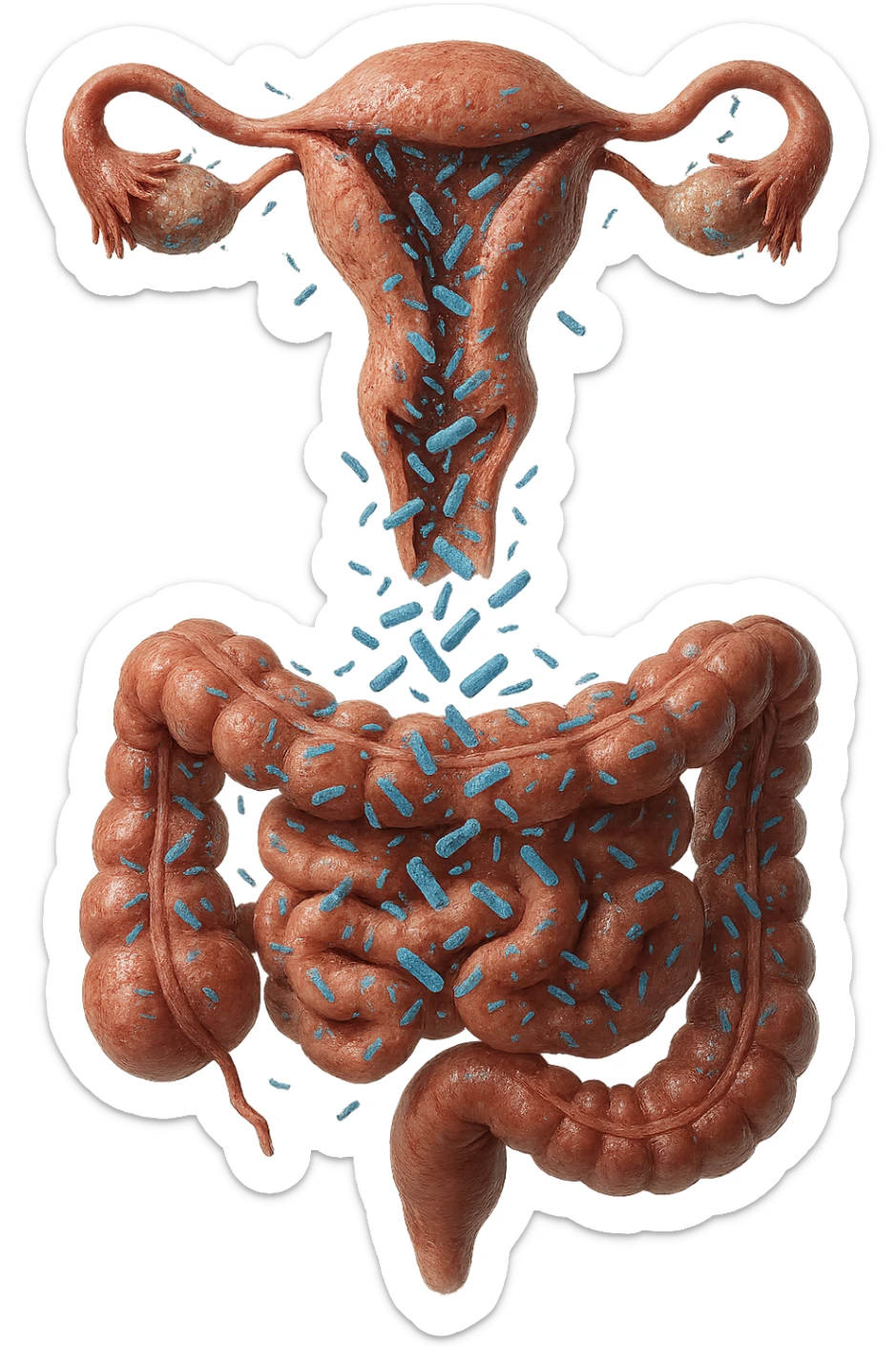 UTERO UMANO E INTESTINO ANATOMICI REALISTICI SONO UNO SOPRA ALL'ALTRO E SI PASSANO I BATTERI A VICENDA, CON BATTERI CHE ESCONO DALL'INTERNO, IPERREALISTICO 4K, NON DISEGNATO sticker