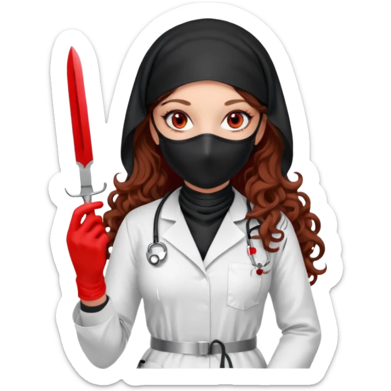 


Scary woman scalpel in hand, evil surgeon sexy surgeon clothes.  She has redcolored  eyes. Her  hair only is free ne brown long curly hair. Wears sexy doctor outfit with red gloves. make her wear full Muslim burka to mask and nose mouth mask  to hide. Wears white surgeon coat, wears  stilettos sticker