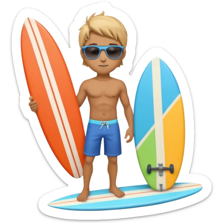 cute male surfer riding a wave, wearing shorts, sunglasses, holding balance, colorful surfboard, 3D cartoon, mobile game icon, clean background, no text sticker