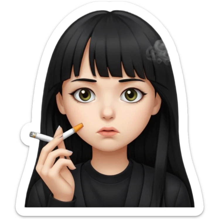 teen girl with long black hair and straight bangs, big eyes looking tired, not smiling, all black clothes, smoking cigarette sticker