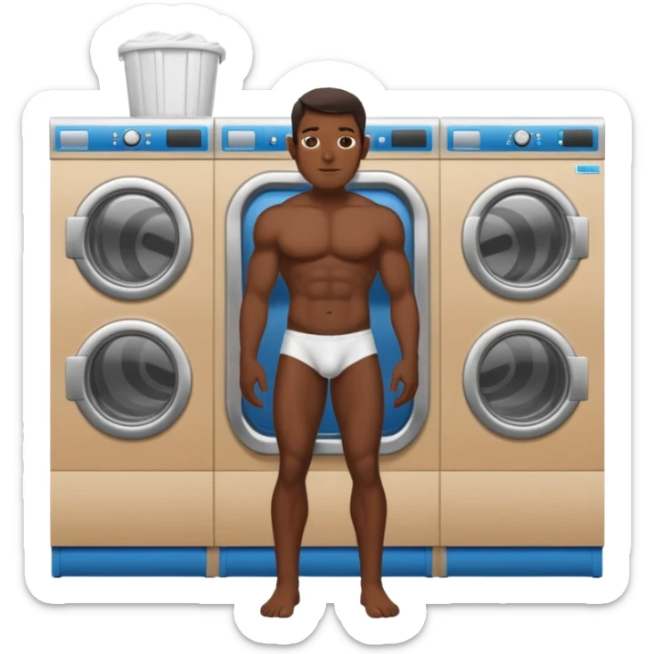 full view of a naked muscular dark skin man in a laundromat with penis  sticker