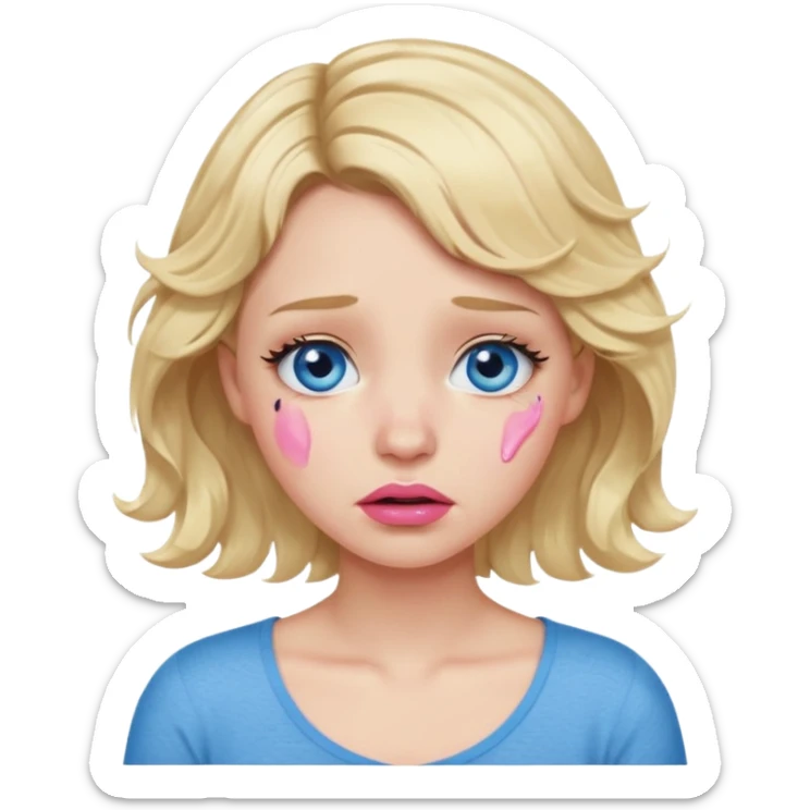 Girl Blonde short wavy hair,  blue eyes, cute blue top, long lashes, pink lips,crying with big tears running down the face  sticker