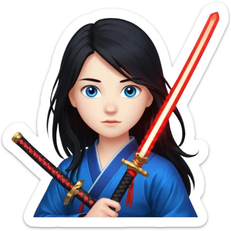 A 14 year old with red glowing katana and his hair be long and eye colour of blur sticker