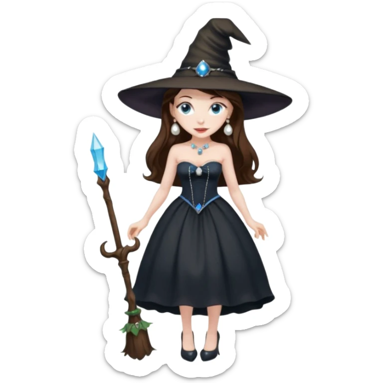 woman brunette, very large breasts, pale skin, blue eyes, long brown hair, black strapless dress, witch hat, pearl earrings, smirking, in black heels, standing, head to toe, full body, zoomed out, entire outfit visible sticker