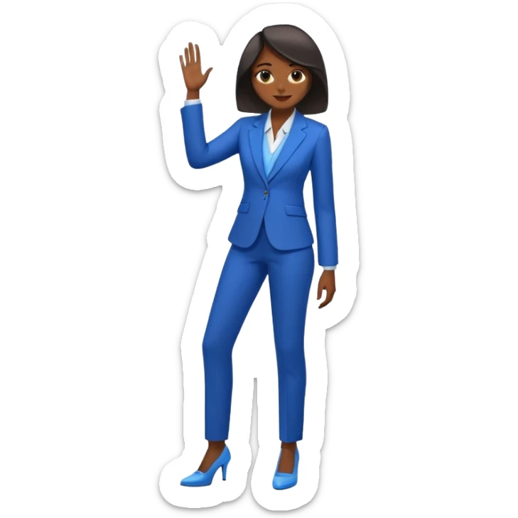 black woman in a blue smart suit and shoes, standing, modern business attire, emoji style sticker