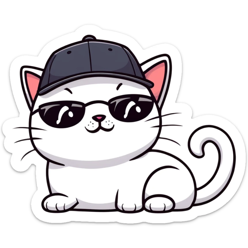close-up of cat's face with one eye completely closed in an obvious wink, other eye open, wearing black snapback cap, black sunglasses positioned low on nose so cat is peeking over them, mischievous expression sticker