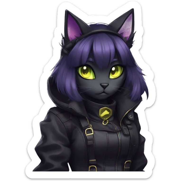 Gorgeous furry gothic dark techwear anime style anthro black cat furry sona Fakemon with blushing face yellow-green eyes with ponytail, aesthetic and pretty edgy black with violet collar and harness trending style sticker