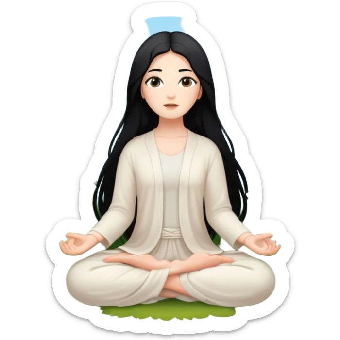 crea un chica blanca con cabello negro largo bonita de ojos marrones vestida de blanco conectando con la naturaleza rodeada de flores meditando  sticker