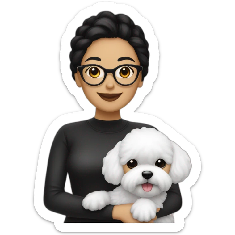 woman-black-hair-bun-with glasses-with bichon dog-white-smile-Christmas sticker