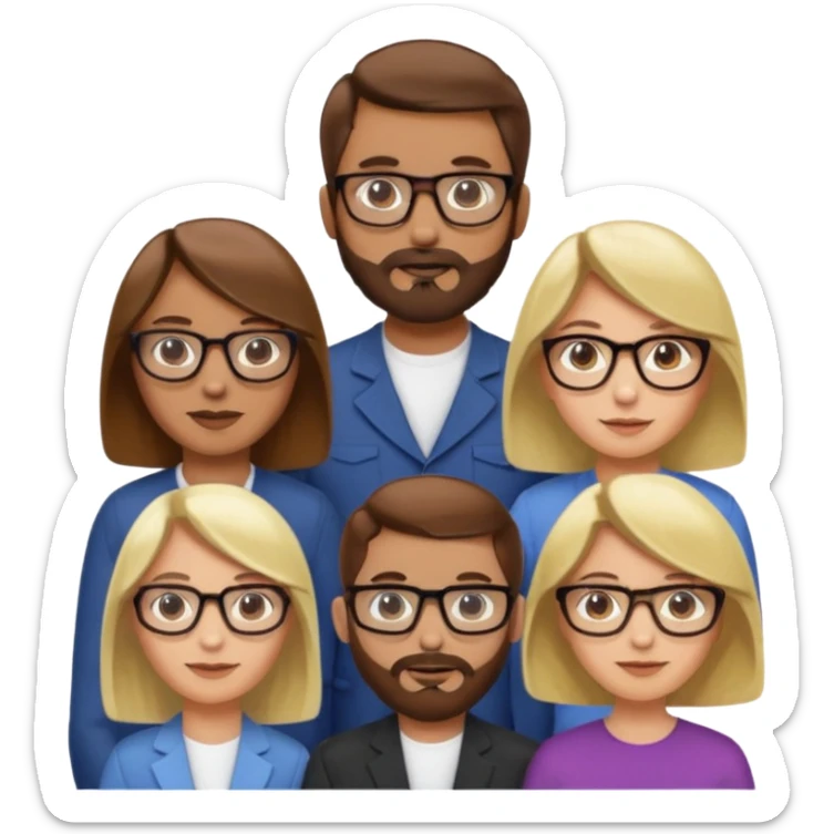 Four people including a man with hair and glasses, a man with a beard and no glasses, a woman with long brown hair and no glasses and a woman with a blonde bob and no glasses sticker