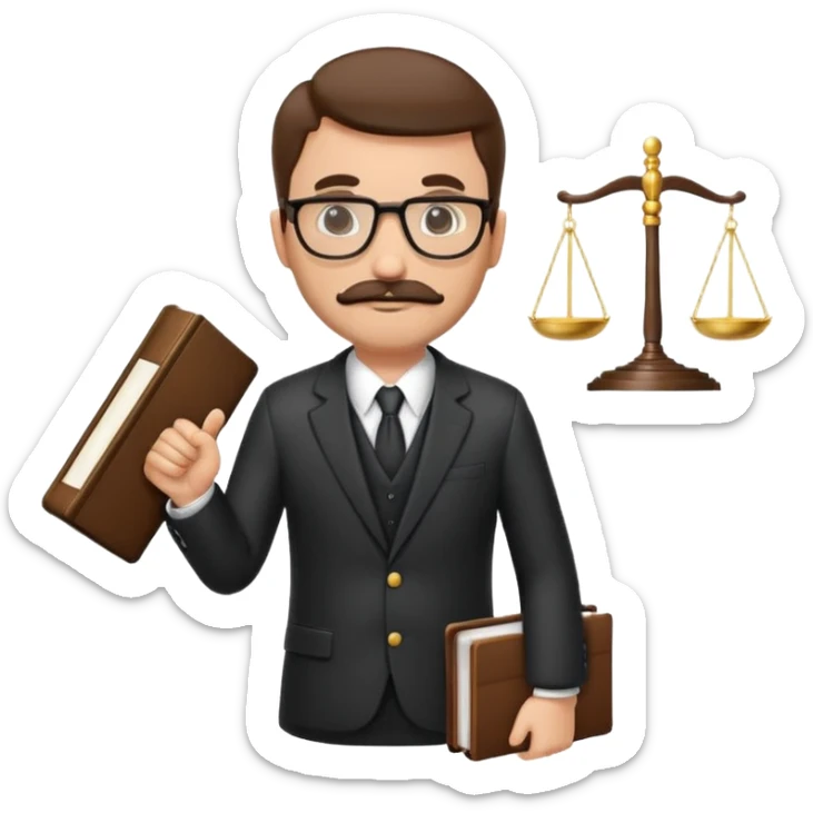 “Create a clean, modern emoji-style illustration of a male lawyer. He is wearing a formal suit jacket. He is holding a judge’s gavel in one hand and has a law book tucked under his arm. He has a mustache and a short beard, and he is wearing glasses. sticker