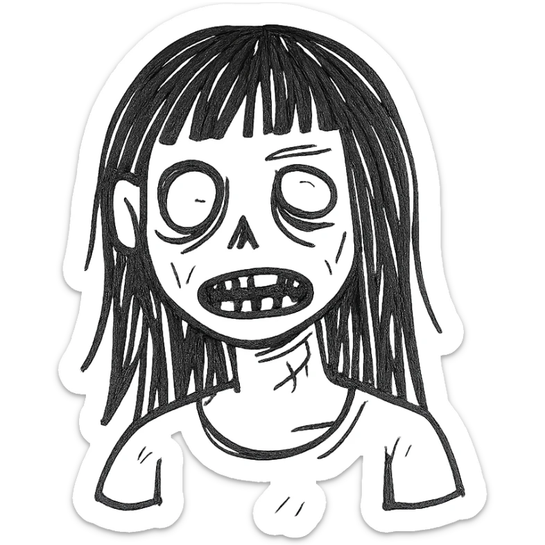 a zombie girl with black long hair and bangs, hand-drawn sketch style, detailed line art sticker