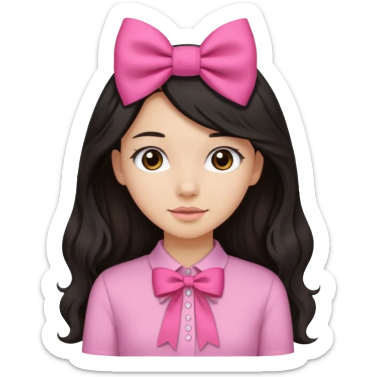 Pretty girl with long black straight kinda wavy hair with pink bow,pink shirt,and light brown skin color sticker