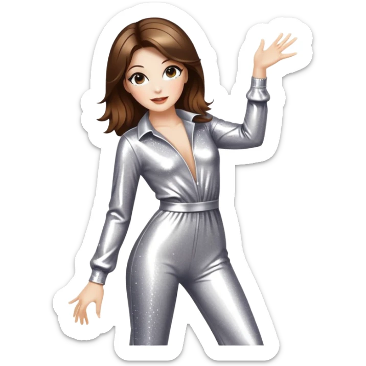 woman with white skin and brown hair disco dancing with sparkles around, wearing a shiny jumpsuit sticker
