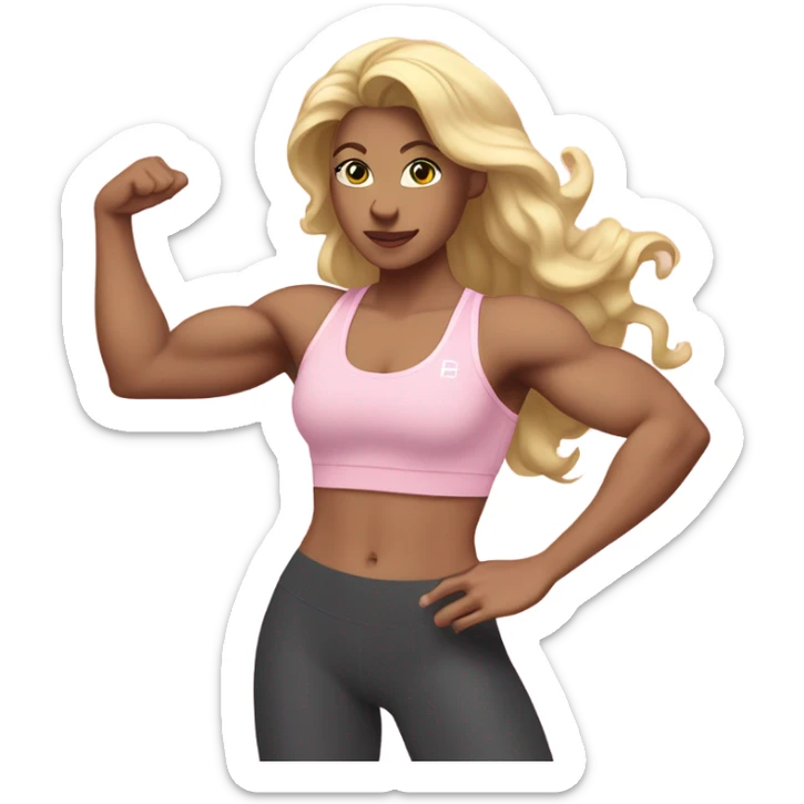White woman, long hair, blonde hair, wavy hair, baby pink sports bra, baby pink leggings, flexing right arm sticker
