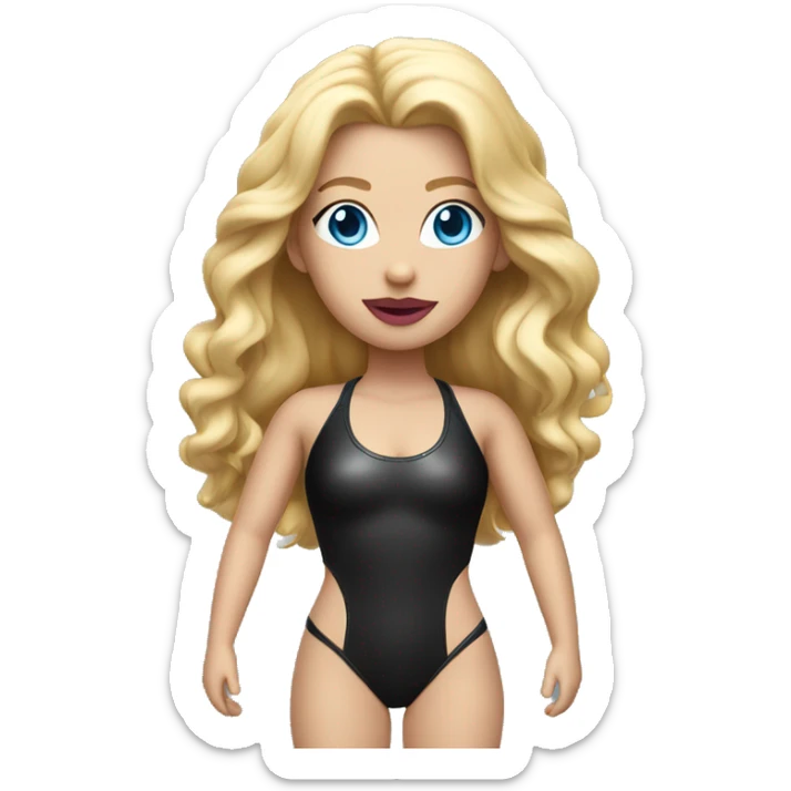 Woman with blue eyes, pink lips and long blonde hair. black swimsuit. Leather band with metal ring around neck sticker