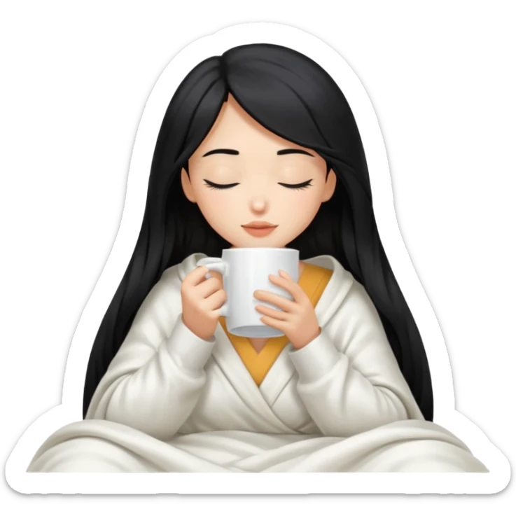 black hair girl long hair inside a white milky satin blanket sipping coffee in white mug eyes closed without coffee in mouth  sticker