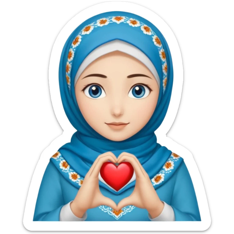 Turkish beautiful finish Konya girl blue eyes with autumn design hijab islamic dress and making heart with hands and with thank you text sticker