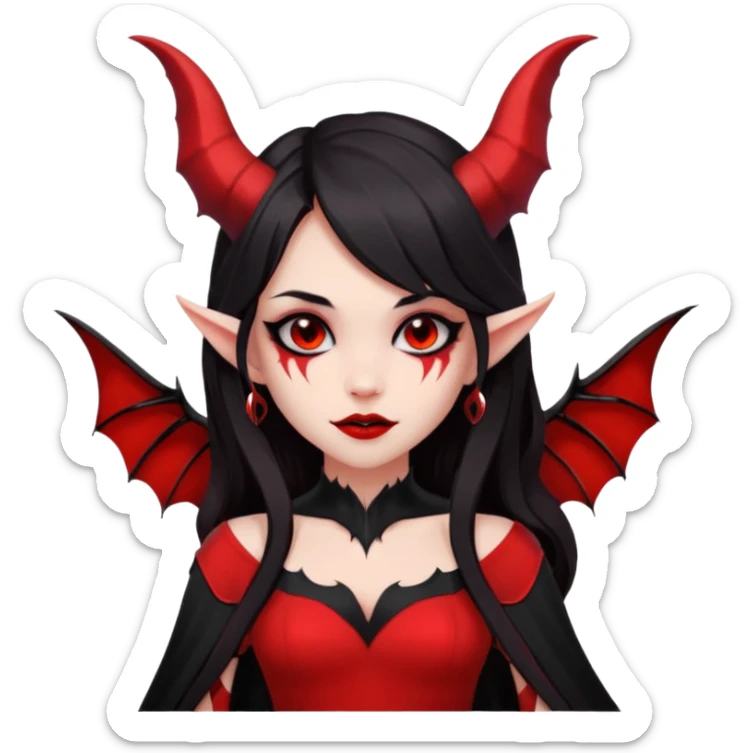 demon girl, skin red , black long hair, small horns, bat wing, black open-back dress, bold black outlines, red+black palette sticker