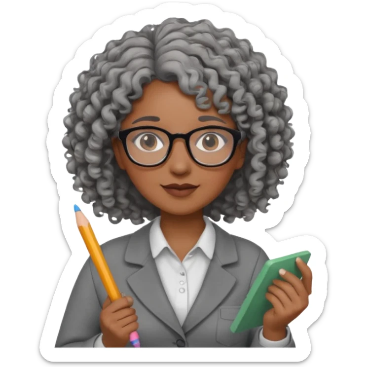 woman teacher, brown skin, curly hair, old, wearing glasses, hold chalk on hand sticker