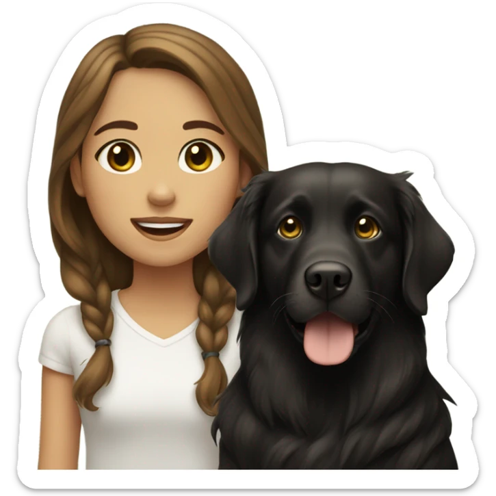 Girl with brown hair and green brown eyes next to a black golden retriever sticker