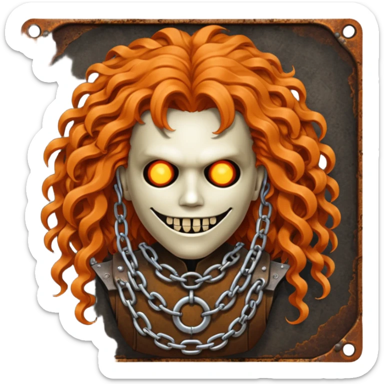 steam-punk Megadeth - iconic mascot  made of rusty metal with chains on its teeth, huge curly orange hair sticker
