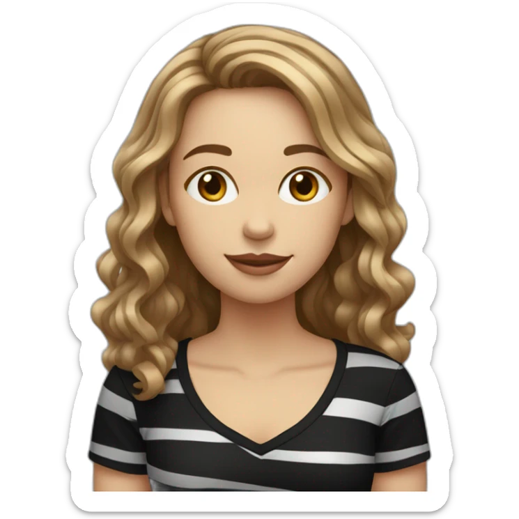 woman with long wavy light brown hair wearing black stripy t-shirt sticker