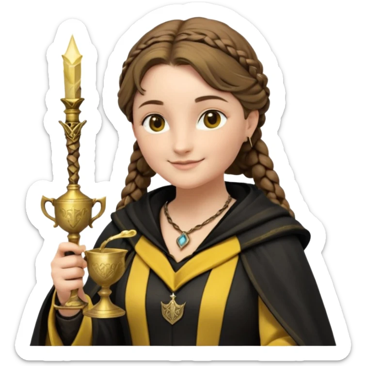 Helga Hufflepuff,the Hogwarts founder of Hufflepuff,brown-haired,2braids,yellow-black medieval dress with black cloak decorated with gold braiding,flickering magic wand and tiny two-handled shiny gold cup engraved with the badger silhouette,very kind smile,curvy busty sweet sticker