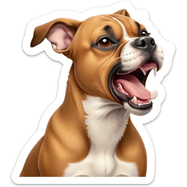 Cinematic Cute Yawning Fawn Boxer dog Portrait Emoji, Head tilted slightly with a dramatic, wide-open yawn, showcasing a short fawn Fur with a crisp white muzzle and chest, floppy ears slightly drooping, round brown eyes barely open in drowsy contentment, Simplified yet irresistibly adorable features, highly detailed, glowing with a soft, cozy glow, high shine, relaxed yet expressive, stylized with a touch of whimsy, bright and endearing, soft glowing outline, capturing the essence of a sleepy yet affectionate guardian, so drowsy it feels like it could stretch right out of the screen and curl up for a nap! sticker