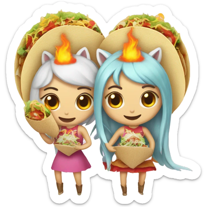 two women eating tacos, riding a unicorn, surrounded by a heart made of fire sticker
