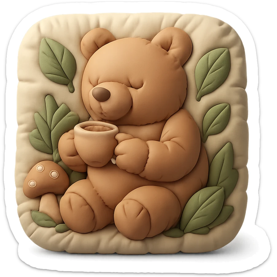 little bear sipping tea in the forest, surrounded by leaves and mushrooms, cushion style sticker