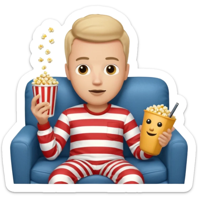 male memoji, lazy man in pajamas, lying on couch, holding TV remote, relaxed face, casual home vibe, popcorn bucket, watch tv sticker