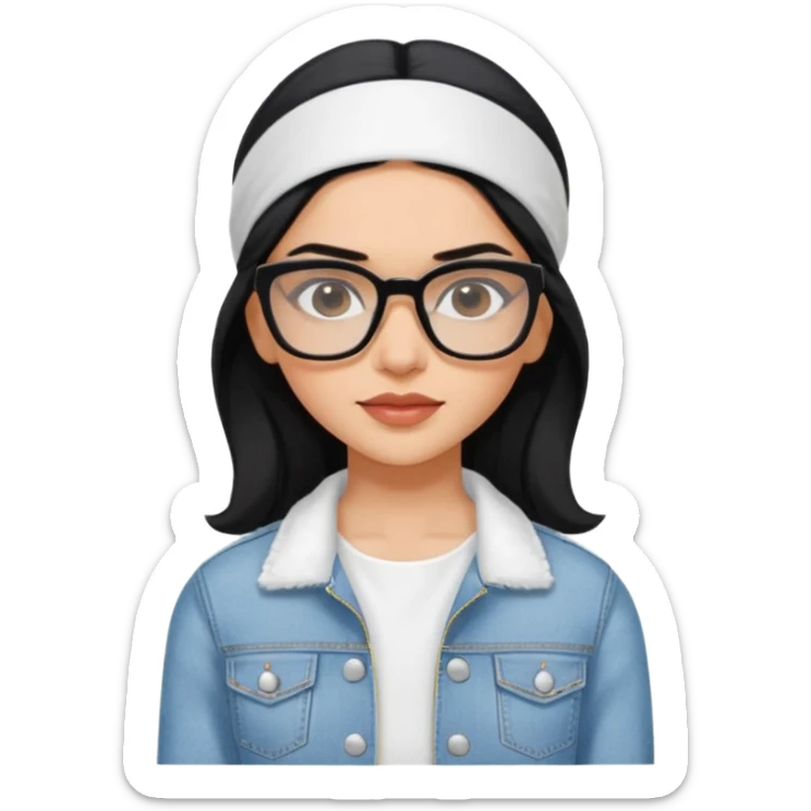 generate a pretty bratz emoji 
Make her wear a white dress with a denim jacket over it. black hair side part with a white headband

She should look exactly  like Deepika padukone. wearing rectangular spectacle sticker