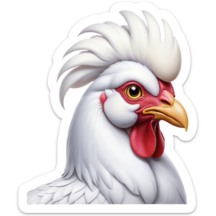 Cinematic Noble White Rooster Portrait Emoji, Poised and regal, with a robust, commanding build and a pristine, well-groomed pure white plumage, deep-set soulful piercing eyes, Simplified yet sharp and sophisticated features, highly detailed, glowing with a soft, dignified glow, high shine, intelligent and proud, stylized with an air of barnyard majesty, focused and attentive, soft glowing outline, capturing the essence of a watchful and confident leader, so majestic it feels as though it could crow out of the screen with effortless authority! sticker