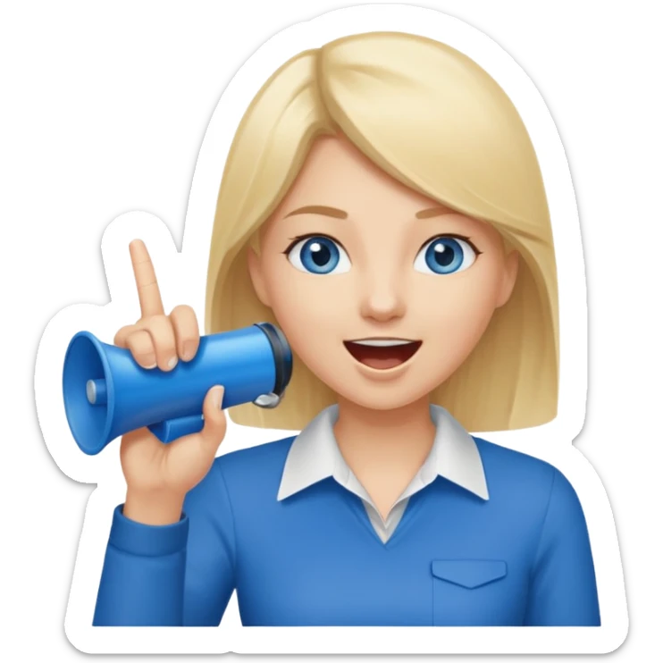 blue eyes blonde girl yelling into megaphone and holding up 1 finger in the other hand smiling sticker