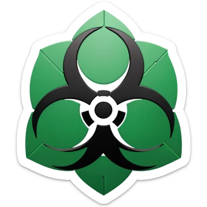 Minimalist emoji-style sticker of a fractured biohazard symbol with a small eye in the center. Stylized, geometric, no text.
 sticker
