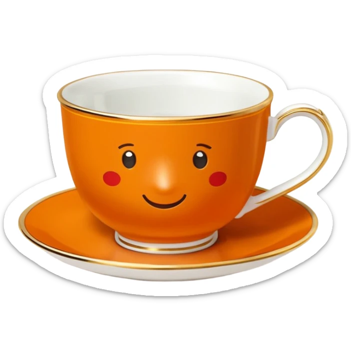 Hermès-style teacup with saucer, Hermès orange, gold trim, luxury, cute emoji style sticker