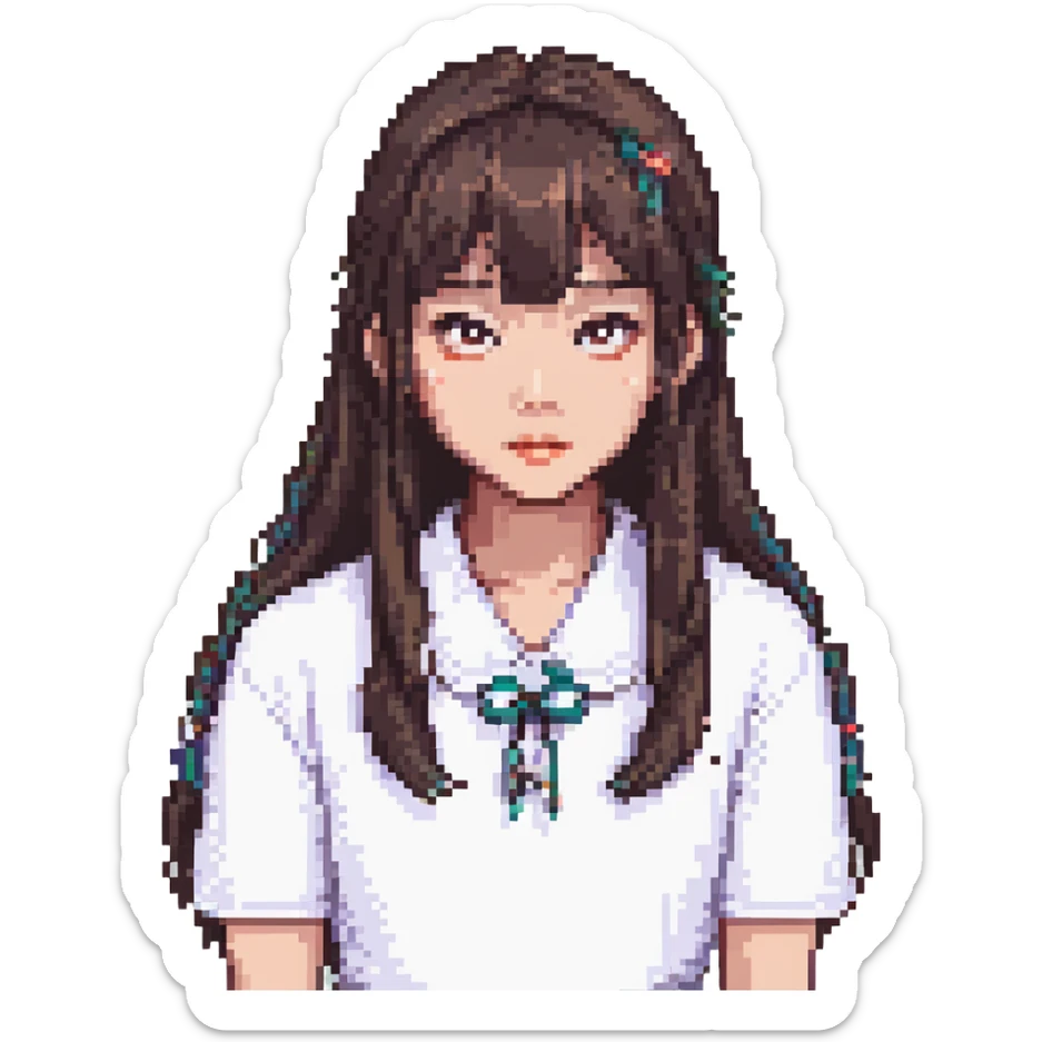 Asian girl with thin bangs, long hair, round eyes, pixel art style sticker