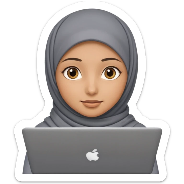 A girl wearing a gray hijab and with hazel eyes is carrying a laptop, not a laptop, just a regular laptop. Not mat bock  sticker